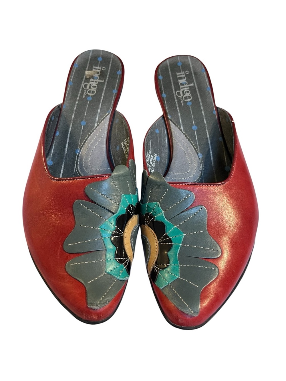 Indigo Red Leather Slip-On Mules with Teal and Gray Floral Detail size 8.5